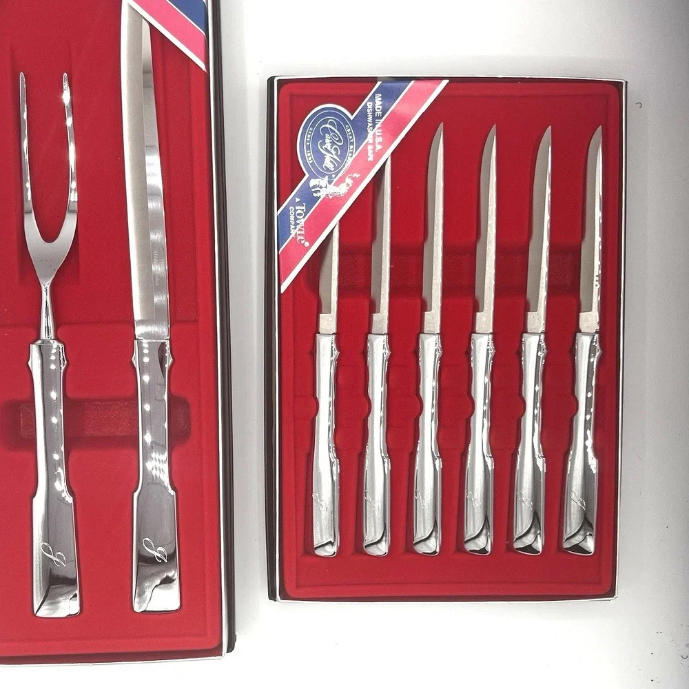 Vintage 60's 70's Carvel Hall Towle 2‎ Pc Carving Set + Steak Knives Inscribed J